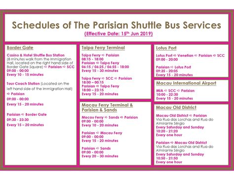 Schedules of The Parisian Shuttle Bus Services .